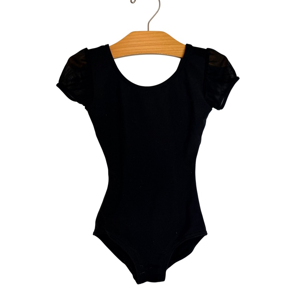 Capezio Girls Black Short Mesh Sleeve Cutout Back Dance Leotard Size S